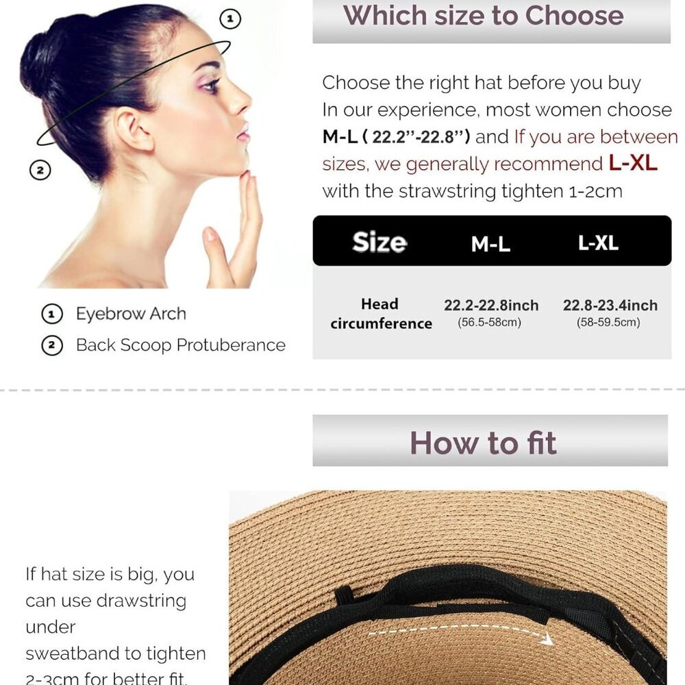 Womens Summer Straw Sun Hats Wide Brim Panama Fedora Beach Hat with Wind Lanyard - Picture 4 of 7